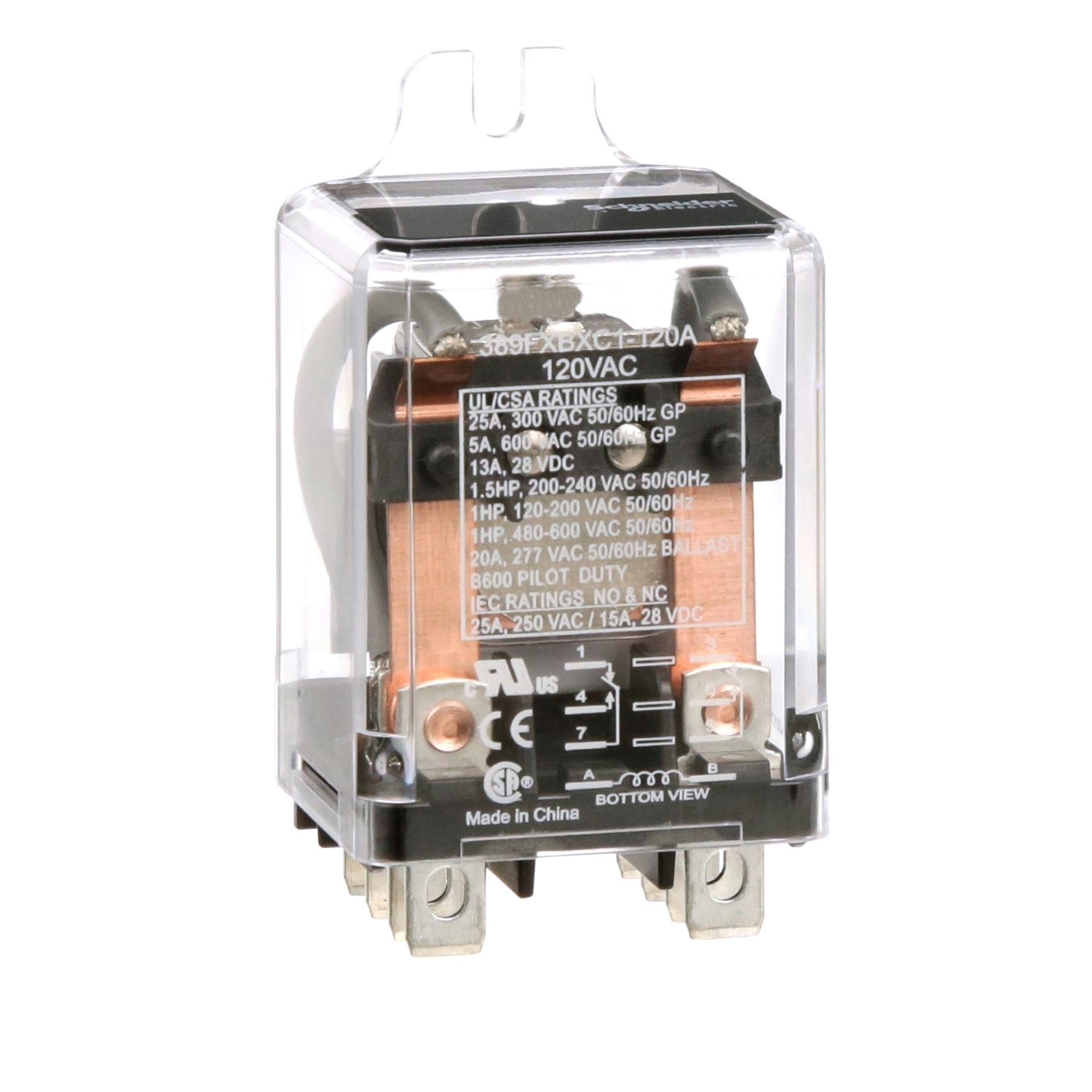 Power relay, SE Relays, DPDT, 25A, 120 VAC, side flange cover