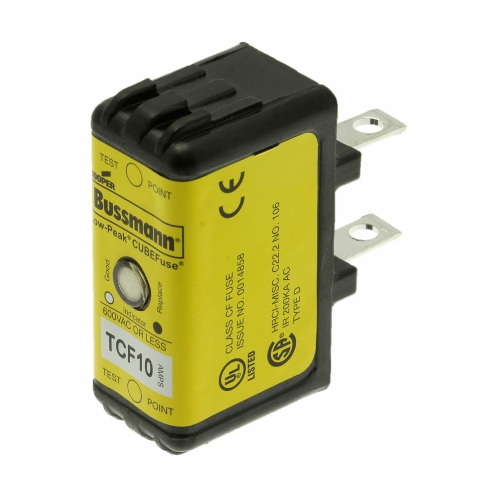 Eaton Bussmann series TCF fuse, 10 A, 60 Hz, 50 Hz, Dual, CF, Black, With Indicator, Blade end, Time delay,Class CF, 10 sec at 500%, 100 kAIC at 300 Vdc,300 kAIC at 600 V, Glass filled PES, 35 mm DIN rail,Chassis, 600 V, 300 Vdc