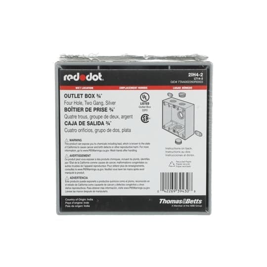 Two Gang Universal Weatherproof Box, 31 Cubic Inches, Hub Size 3/4 Inch, Silver, Aluminum, 4 Outlets with 2 on Top and 1 on Bottom and Back