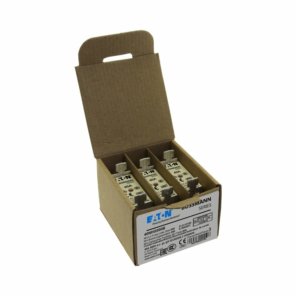 Eaton Bussmann series low voltage NH Fuse, Live gripping lug, 500V, 40A, 120 kAIC, Combination fuse status indicator, Blade end connection, Class C gL/gG, square-body with knife blade contact