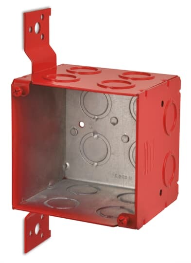 Square Box, 46.0 Cubic Inches, 4 Inch Square x 3-1/2 Inch Deep, 1/2 Inch and 3/4 Inch Eccentric Knockouts, Red, Pre-Galvanized Steel, Welded Construction, with CV Side Bracket, For use with Conduit