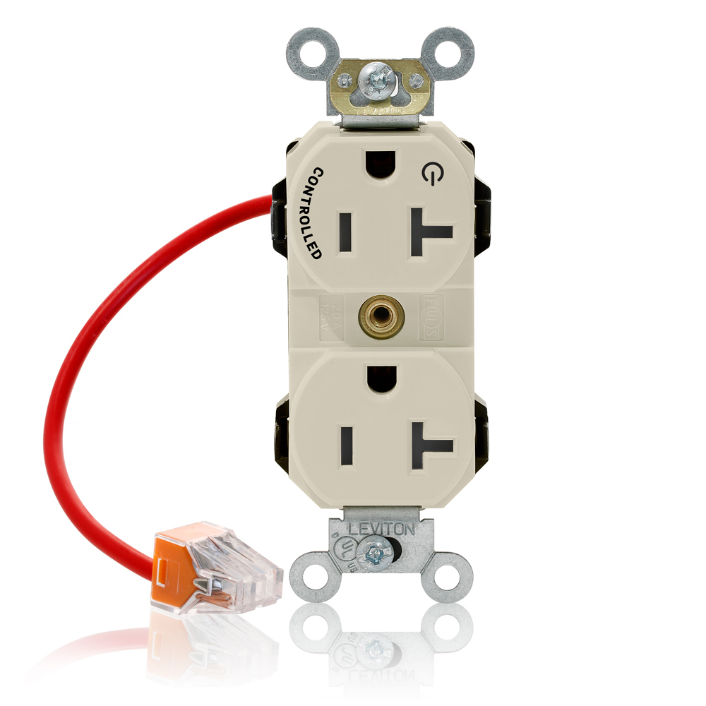 20 Amp, 125 Volt, NEMA 5-20R, 2P, 3W, Lev-Lok Duplex Receptacle, One Marked Controlled Outlet,Straight Blade, Fed Spec,Heavy Duty Industrial Specification Grade,Self-Grounding, Modular Terminals, Steel Strap - LIGHT ALMOND
