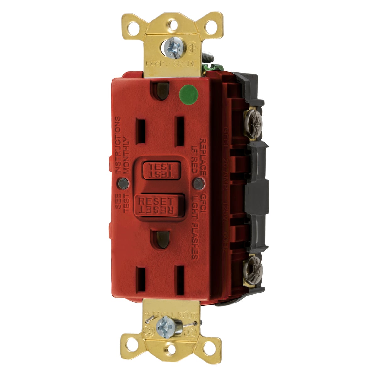 Straight Blade Devices, Receptacle, GFCI, Commercial Hospital Grade, Self Test, 15A 125V, 2-Pole 3-Wire Grounding, 5-15R, Red
