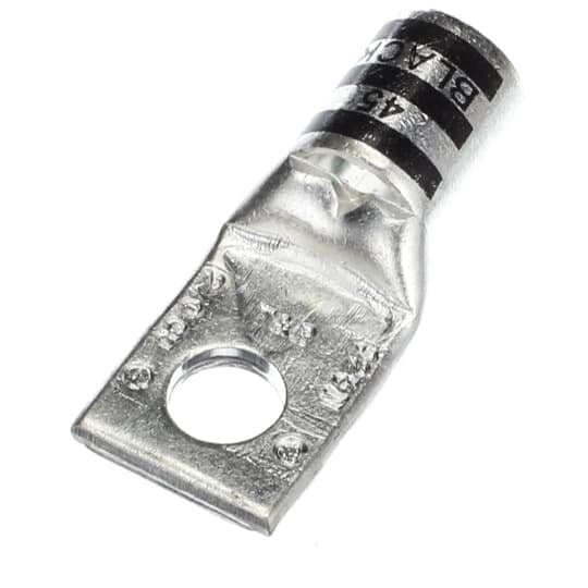 Copper One-Hole Lug, Standard Barrel, Peep Hole, Max 35kV, Wire Size 2/0 AWG, 3/8 Inch Bolt Size, Tin Plated, Die Code 45, Die Color Code Black