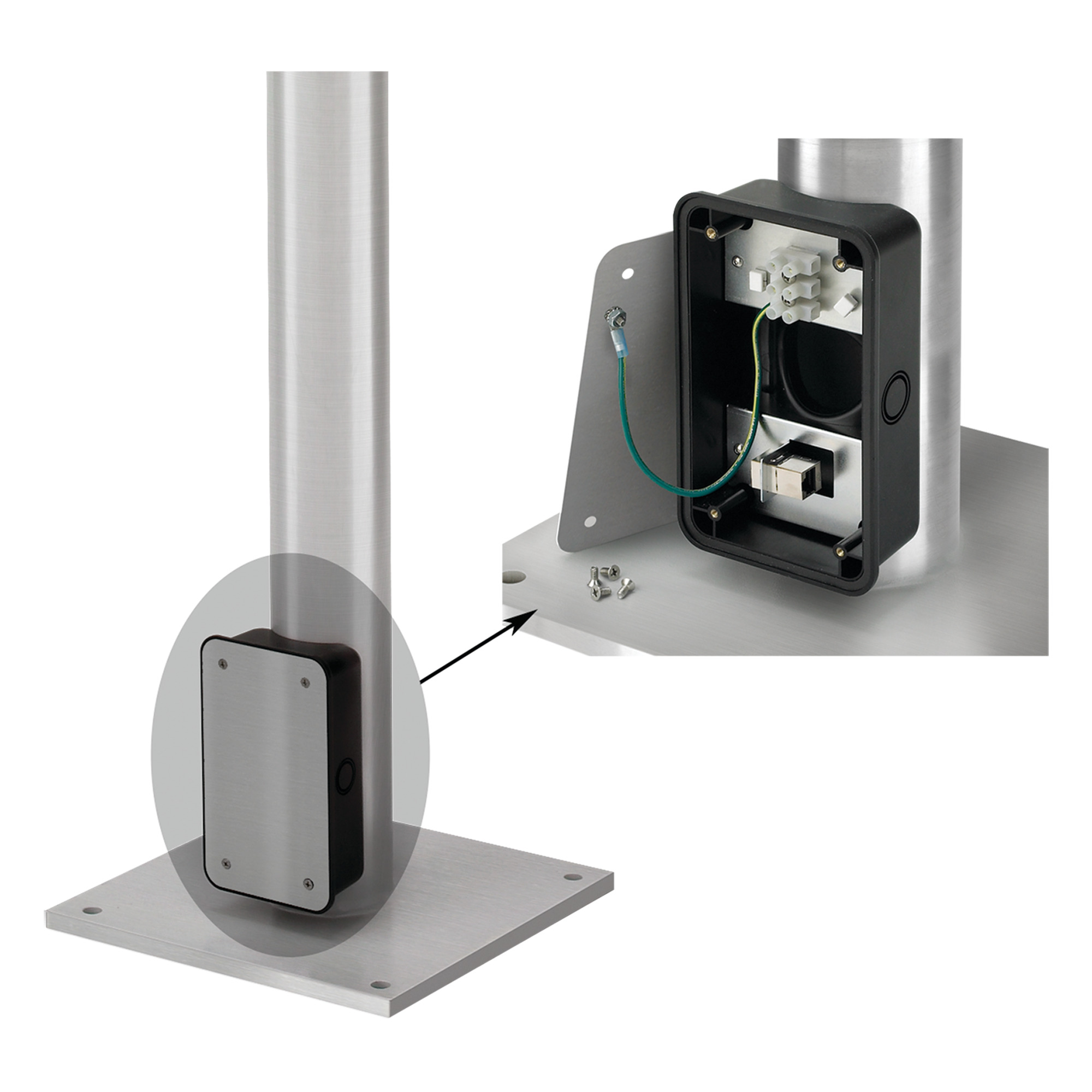 Floorpost with Junction Box for Syspend VHDS-Motion Arm, 12x12x74, Brushed, SS304