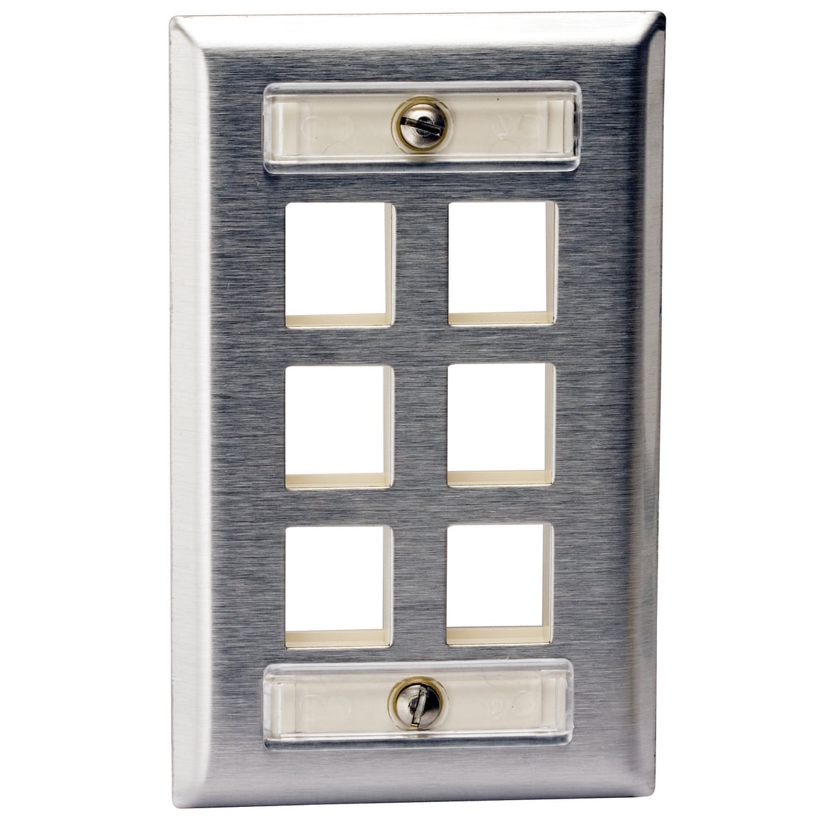 Phone/Data/Multimedia Faceplate, Stainless Steel Plate with Label Fields, Single-Gang, 6-Port