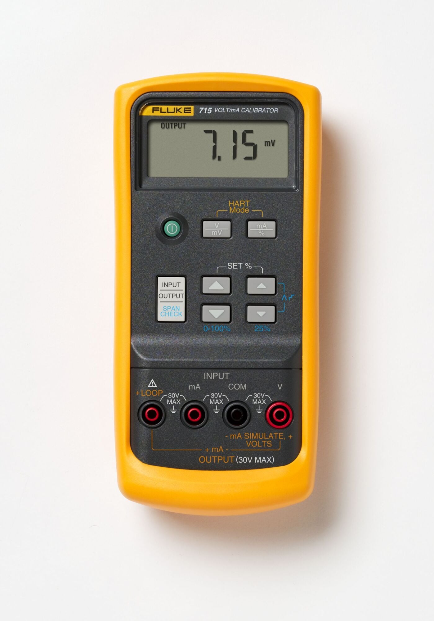 The Fluke 715 Volt/mA Calibrator delivers outstanding performance, durability and reliability. Offered in the rugged Fluke 80 Series DMM package, the calibrator is compact, lightweight, and easy to carry. With a push button interface similar to the multifunction Fluke 740 Series Documenting Process Calibrators, the 715 is easy to use. It is EMI tolerant, dust and splash resistant, and features a removable battery door for quick battery changes.