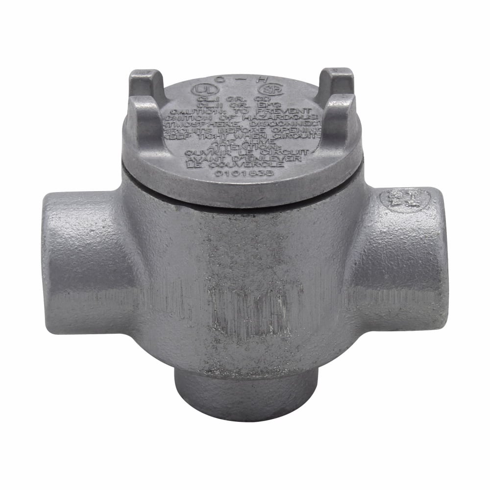 Eaton Crouse-Hinds series Condulet GUA conduit outlet box with cover, 3" cover opening diameter, Feraloy iron alloy, D shape, 1/2"