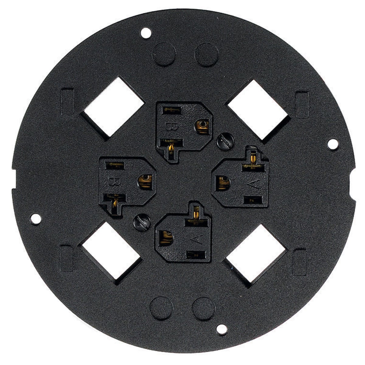 In-Floor Delivery Systems, SystemOne, Sub-Plate, (4) 20A, 125V Receptacles, (4) Hubbell Keystone Openings, Black