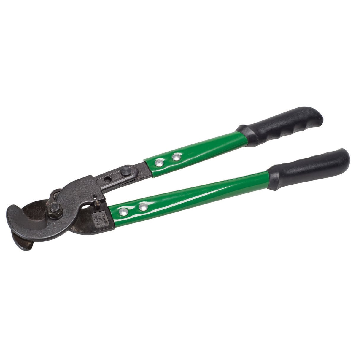 High Leverage Cable Cutter.  18" with unique double joint reduces handle effort required by 25 percent and increases cutting capacity to 500 kcmil.  Fits into tool boxes.  Heat-treated, precision ground, shear action blades.  Strong steel handles with molded grips for good leverage.  Patent Pending.