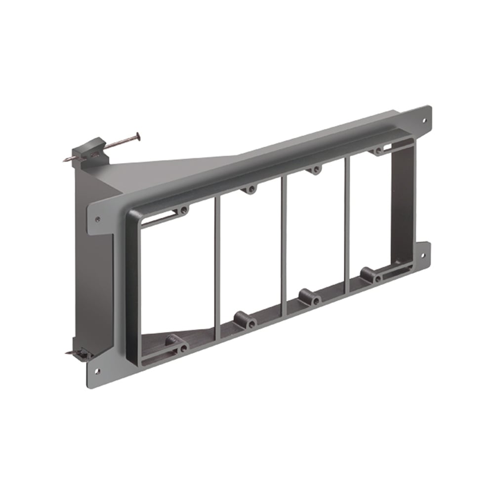 Nail on, Four gang, Low Voltage mounting bracket for new construction on wood studs. Built in loop to tie off cable.