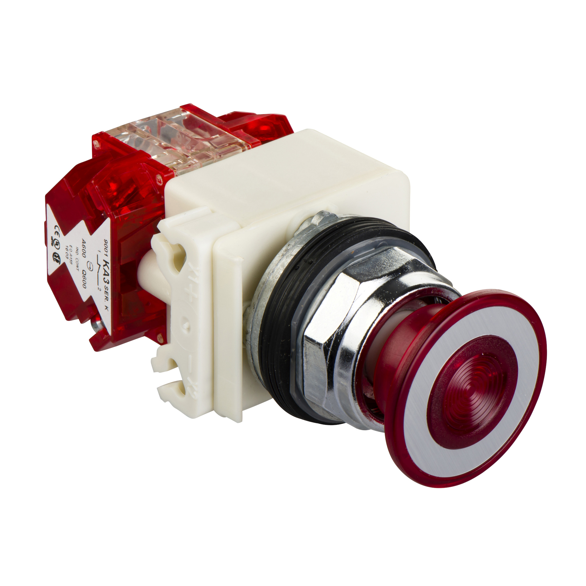 Illuminated push button, Harmony 9001K, metal, mushroom 41mm, red, 30mm, 3 positions, return to center, LED red, 120V, 1 NC late + 1 NC