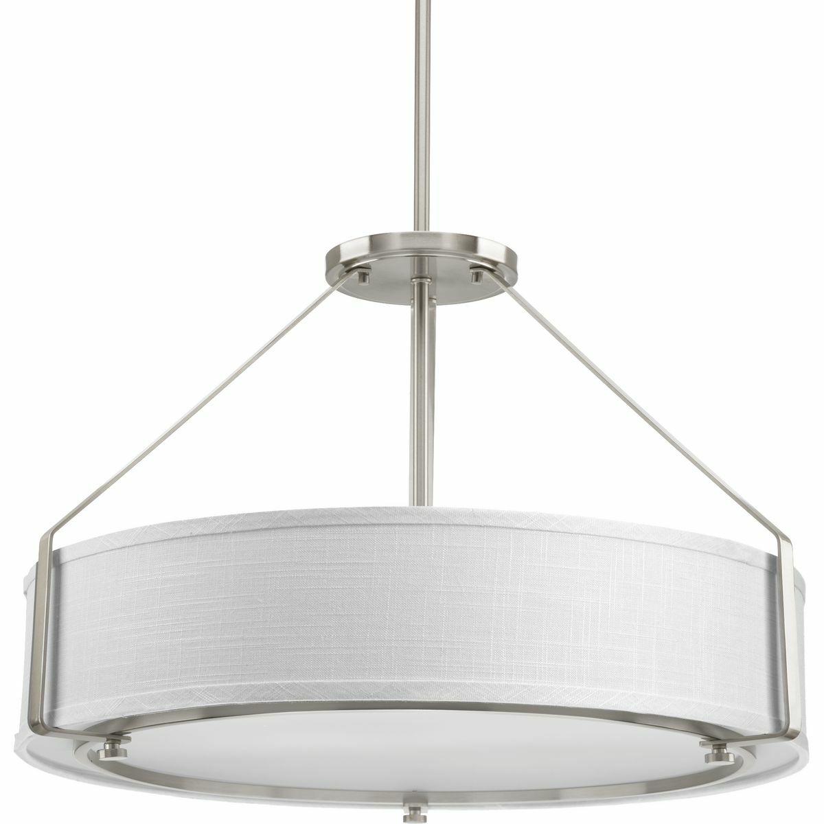 The four-light pendant offers a sleek metal frame that supports a low-slung shade to create Ratio?s casual modern style. The frame?s proportion to the white linen drum shade evokes a perfect ratio for lighting. Includes a polished glass exterior, etched glass interior diffuser that offers an elegant appeal and is easier to clean ? offering both fashion and function. Brushed Nickel finish.