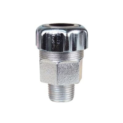 Watertight fitting made of malleable iron with a hub thread size of 1/2 inch Cable Jacket outside diameter is 0.625 to 0.76 inches.