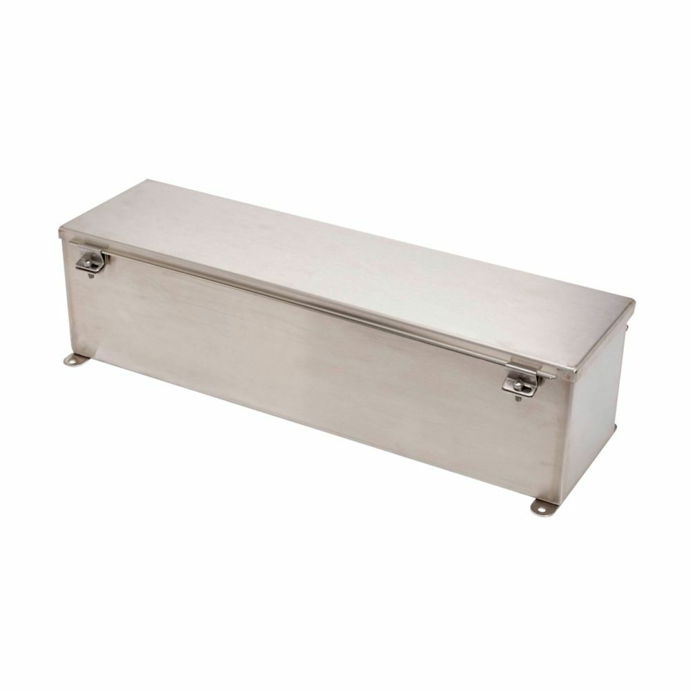 Eaton B-Line series wiring trough, 6" height, 72" length, 6" width, 4XSWT wiring trough, Welded external mounting feet, Hinged cover, NEMA 4X, 304 stainless steel, Seamless poured in-place, Hinged, #4 brushed finish, 14 gauge