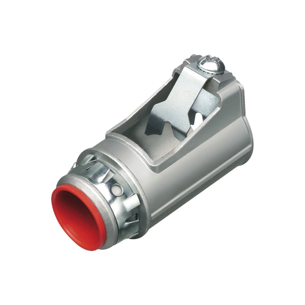 Zinc die-cast, 3/4" Knockout MC cable connector snaps quickly on to the conduit with a removable screw in spring steel clip and then snaps into knockout with external spring steel clip, no tools required. Concrete tight when taped. Comes with Insulated throat.