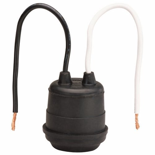 Medium base, rubber, keyless, for temporary lighting, 2 wire leads 6 long. Black.