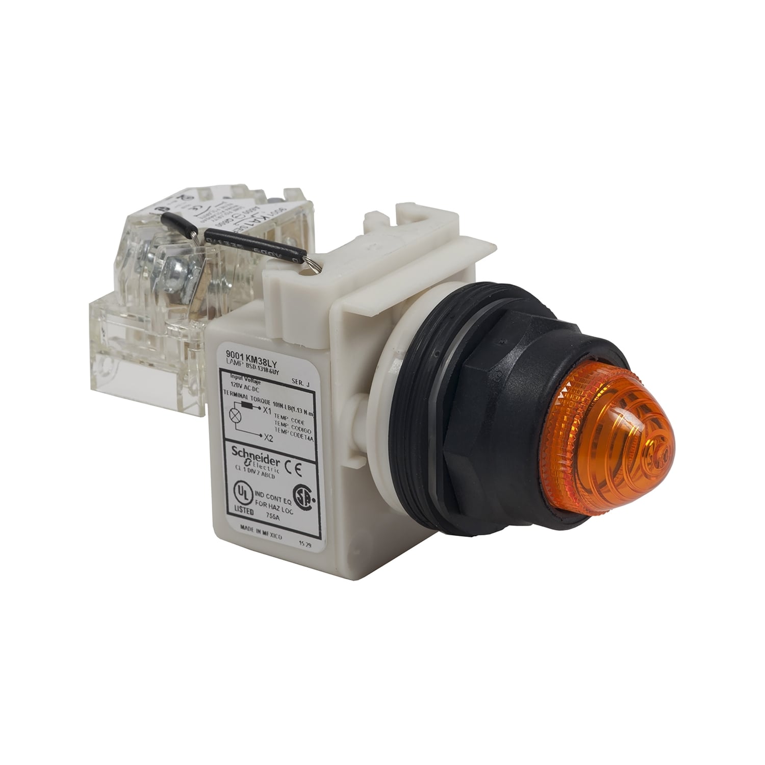 Push-to-test pilot light, Harmony 9001SK, plastic, polycarbonate, fresnel lens, white, 30mm, LED white, 120V