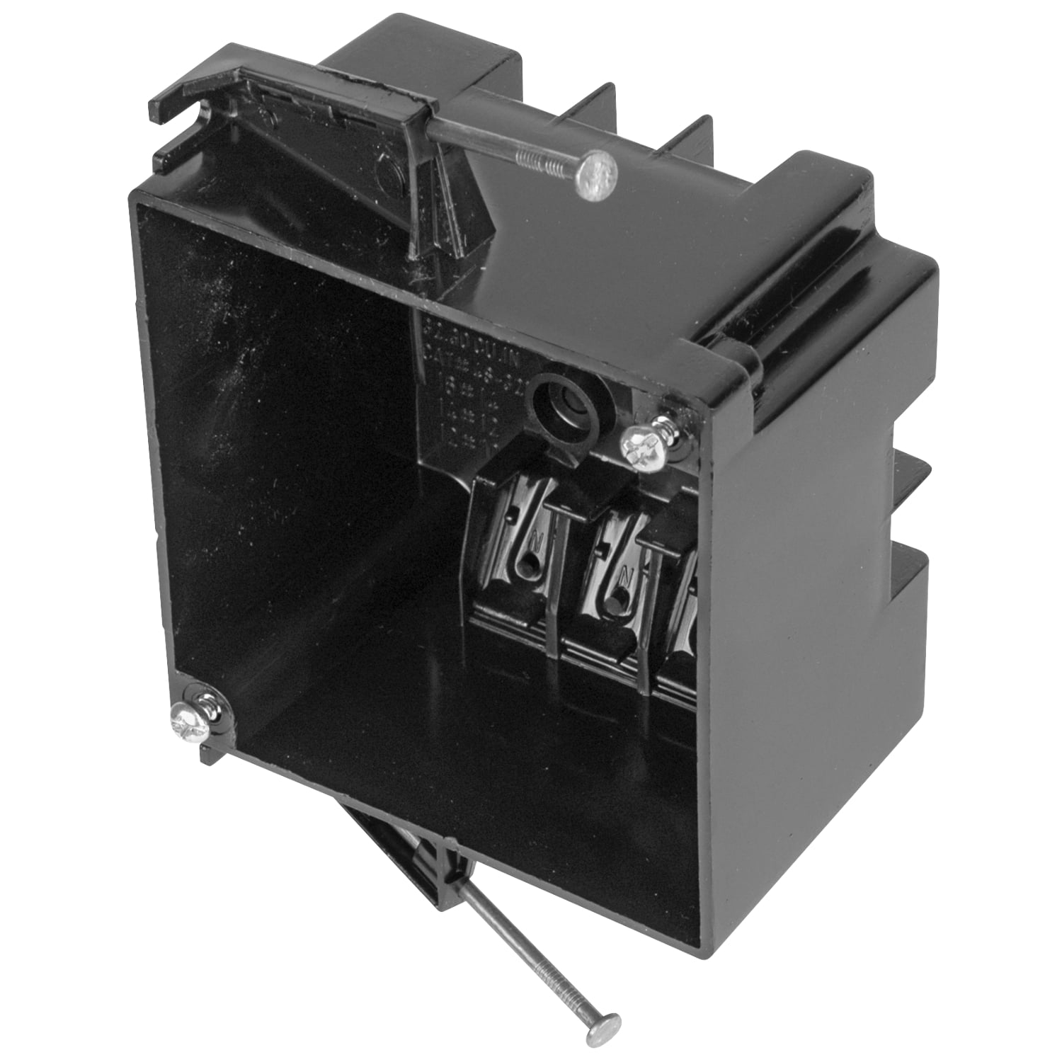 Two-Gang New Work Square Outlet Box, Volume 32 Inches, Length 4 Inches, Width 4 Inches, Depth 3-3/16 Inches, Color black, Material Polycarbonate, Mounting Means Angled Side Nails, with Cable Clamps