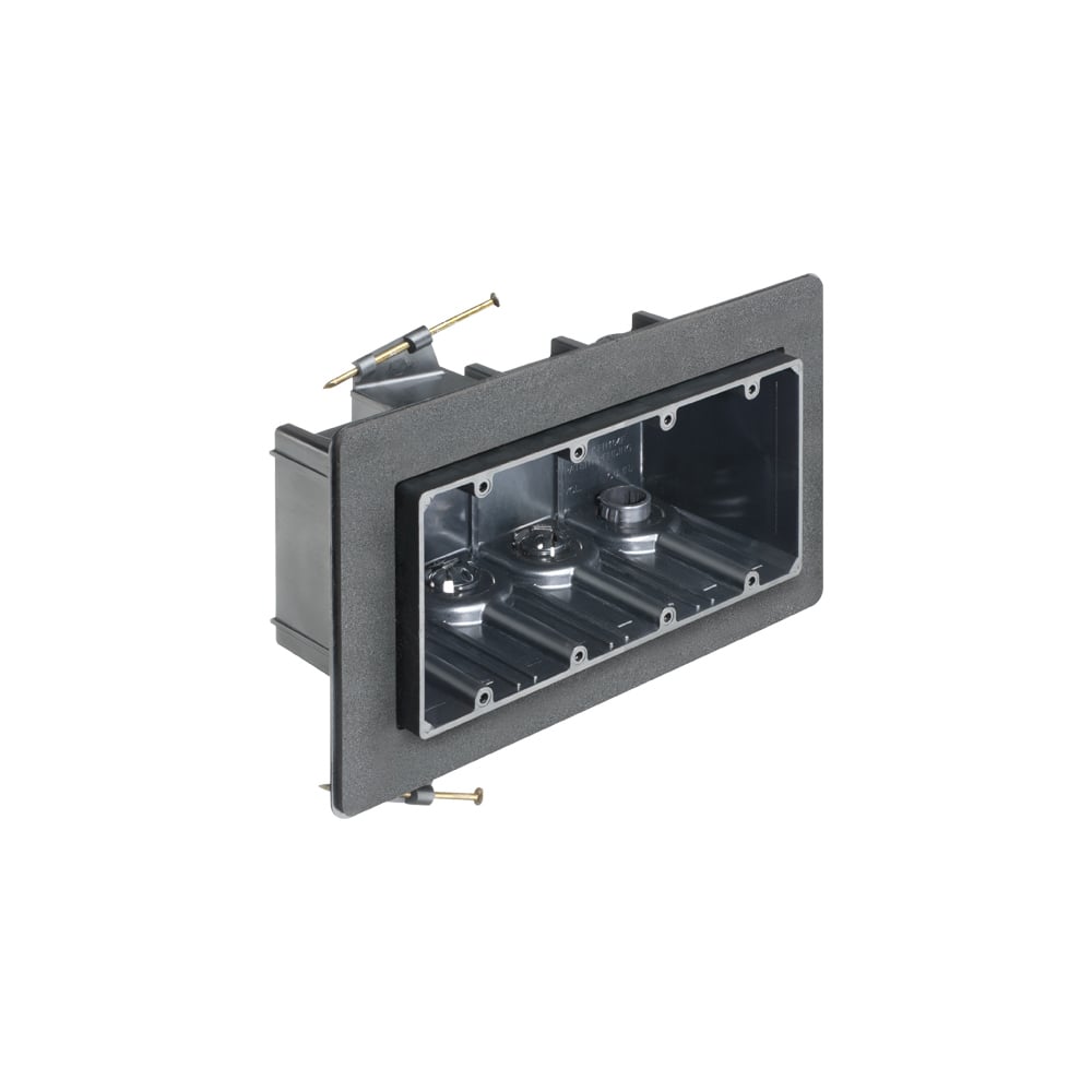 Versatile non conductive outlet box for new construction, four gang screw on. 85.3 cu inches.