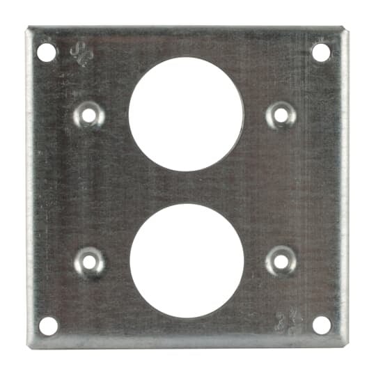 Square Box Surface Cover, 6.5 Cubic Inches, 4 Inch Square x 1-/2 Inch Raised, 1/4 Inch Diameter Hole Opening, Galvanized Steel, For use with Two Single Devices with 1.4 Inch Diameter Opening