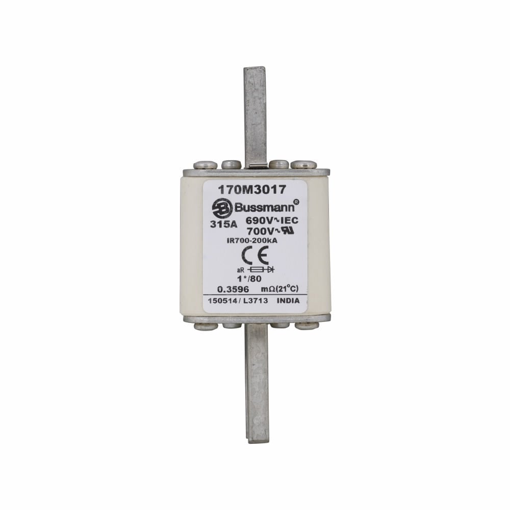 Eaton Bussmann series high speed square body fuse, 700V (UL), 690V (IEC), 315A, 200 kAIC, Top fuse status indicator, Fuse, Blade end X blade end, Class aR, DIN 43 620 - 170M3017