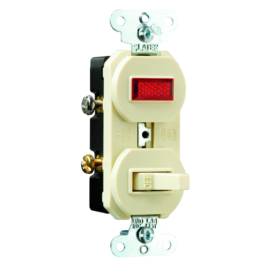 15 amps, 120 volts, Pole, Single Pilot Light, Combination Switch, Non-Grounding, Ivory.