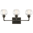 The Niles 24in; 3 light vanity light features an industrial look with its Olde Bronze finish and clear seeded glass. Inspired by fixtures found in historic metropolitan buildings, the Niles vanity light is perfect in several aesthetic environments, including vintage industrial.