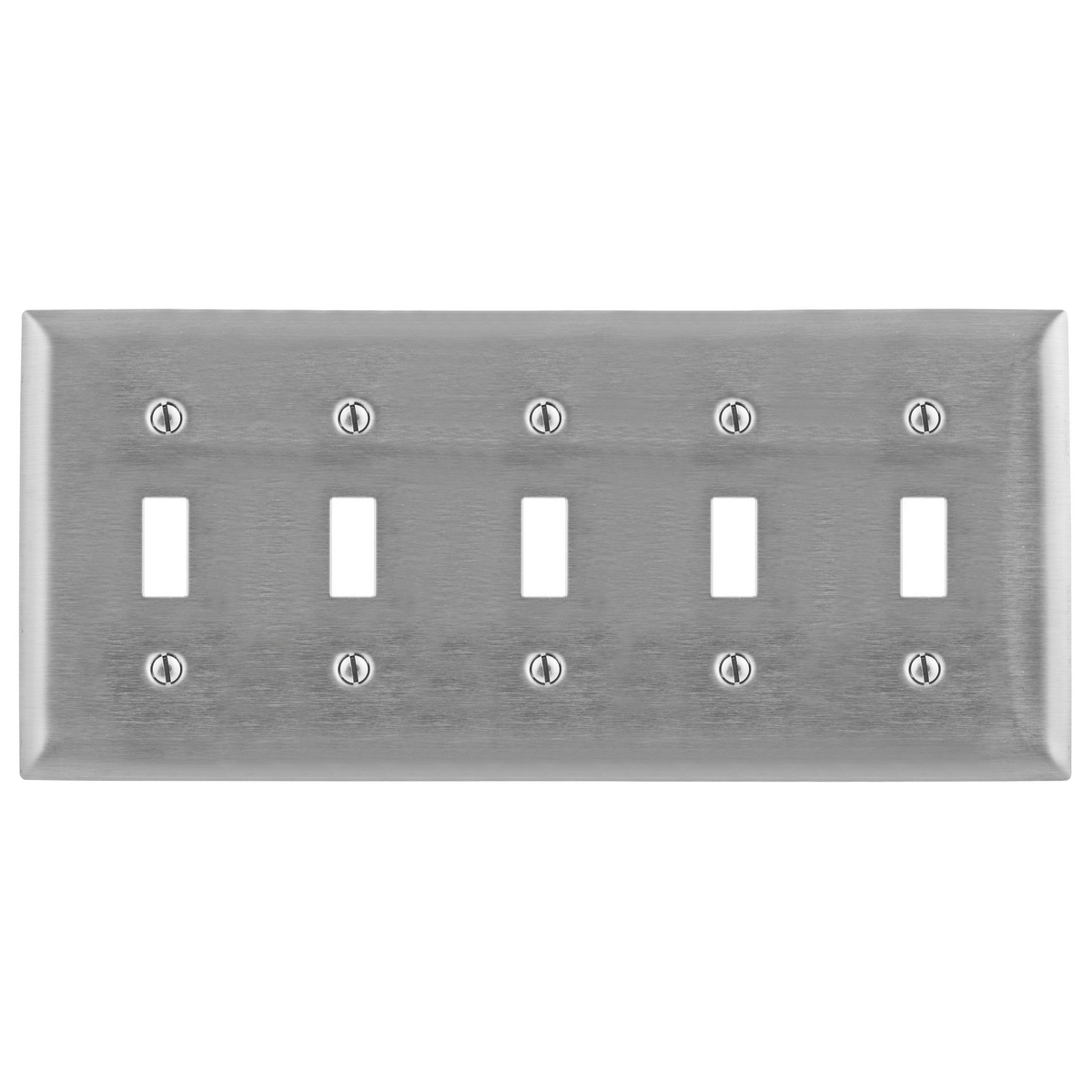 Wallplates and Boxes, Metallic Plates, 5- Gang, 5) Toggle Openings, Standard Size, Stainless Steel, Engraved "347V AC"