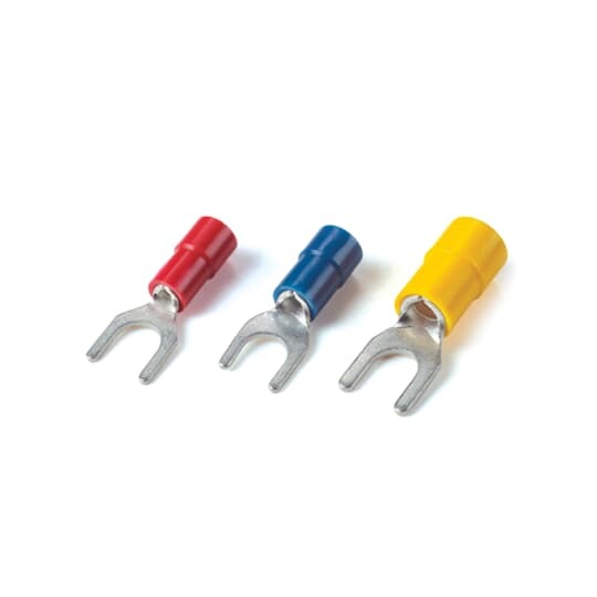 Insulated Vinyl Fork Terminal for Wire Range 12-10 Stud Size 1/4, Yellow, Canister