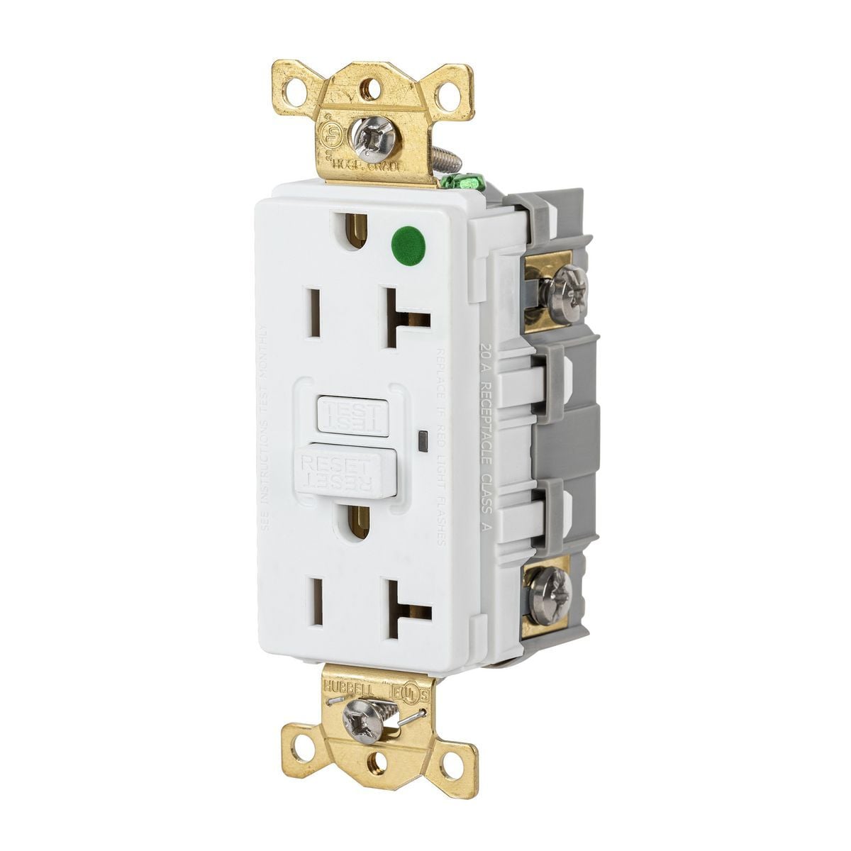 Straight Blade Devices, Receptacle, GFCI, Commercial Hospital Grade, Self Test, 20A 125V, 2-Pole 3-Wire Grounding, 5-20R, White