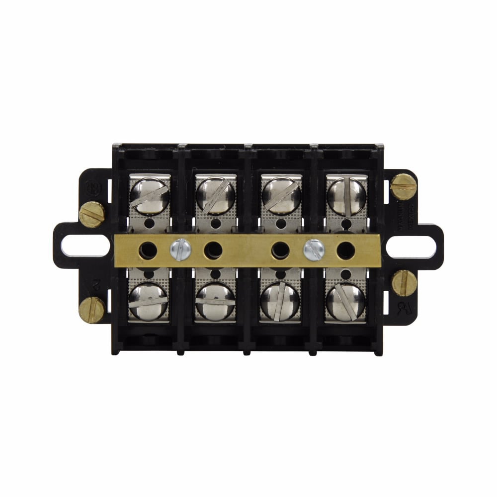 Eaton Bussmann KU series panel mount terminal block connector, Top cover and two end plates, 600V, 60A, Shorting strap and screws, Six-pole, Black, Molded nuclear grade noryl base, nickel-plated brass philslot screw