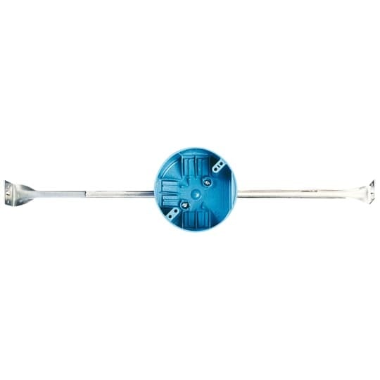 Round Ceiling Box, Volume 20 Cubic Inches, Diameter 4 Inches, Depth 2-1/4 Inches, Color Blue, Material Polycarbonate, Mounting Means 14.38 Inches - 22.50 Inches Adjustable Bar Hanger