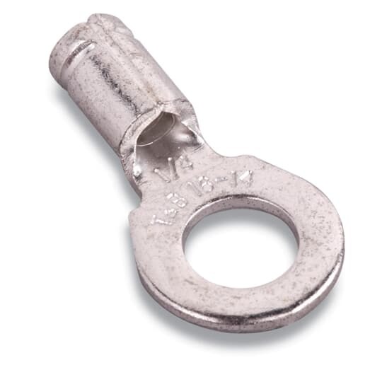 Non-Insulated Heavy Duty Ring Terminal, Length .81 Inches, Width .25 Inches, Bolt Hole #6, Wire Range #16-#14 AWG Heavy Duty, Copper, Tin Plated