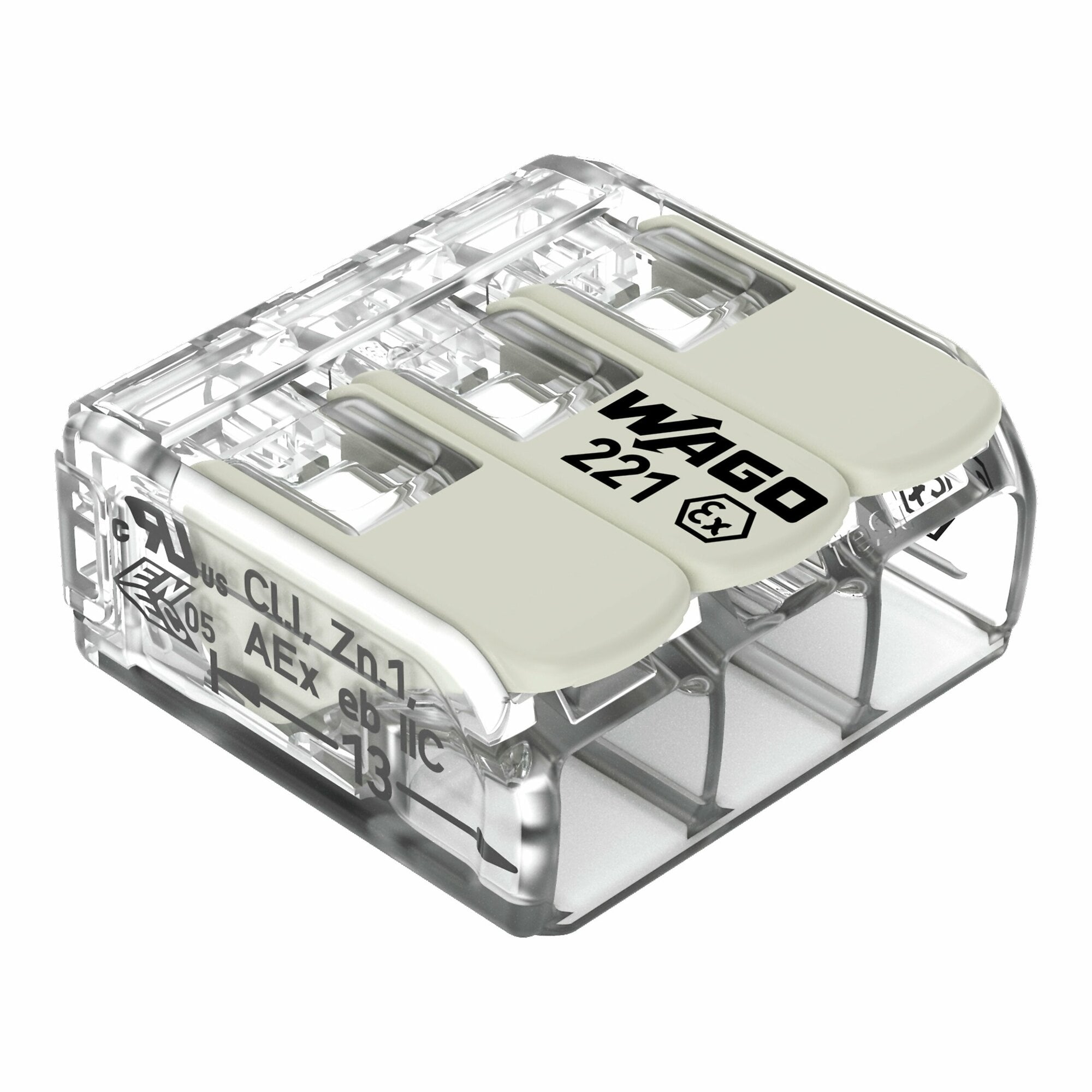 LEVER-NUTS® splicing connector for Ex applications;  COMPACT splicing connector for all conductor types 20-10 AWG, transparent,Box of 30 pieces