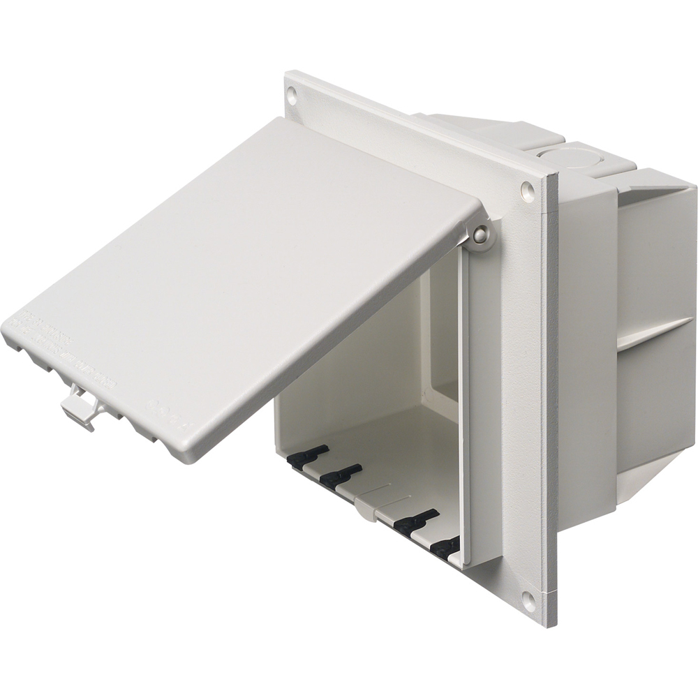 Low profile Inbox for flat surface retrofit construction. With weather proof while in use Extra Duty white paintable cover. Vertical. Two gang.