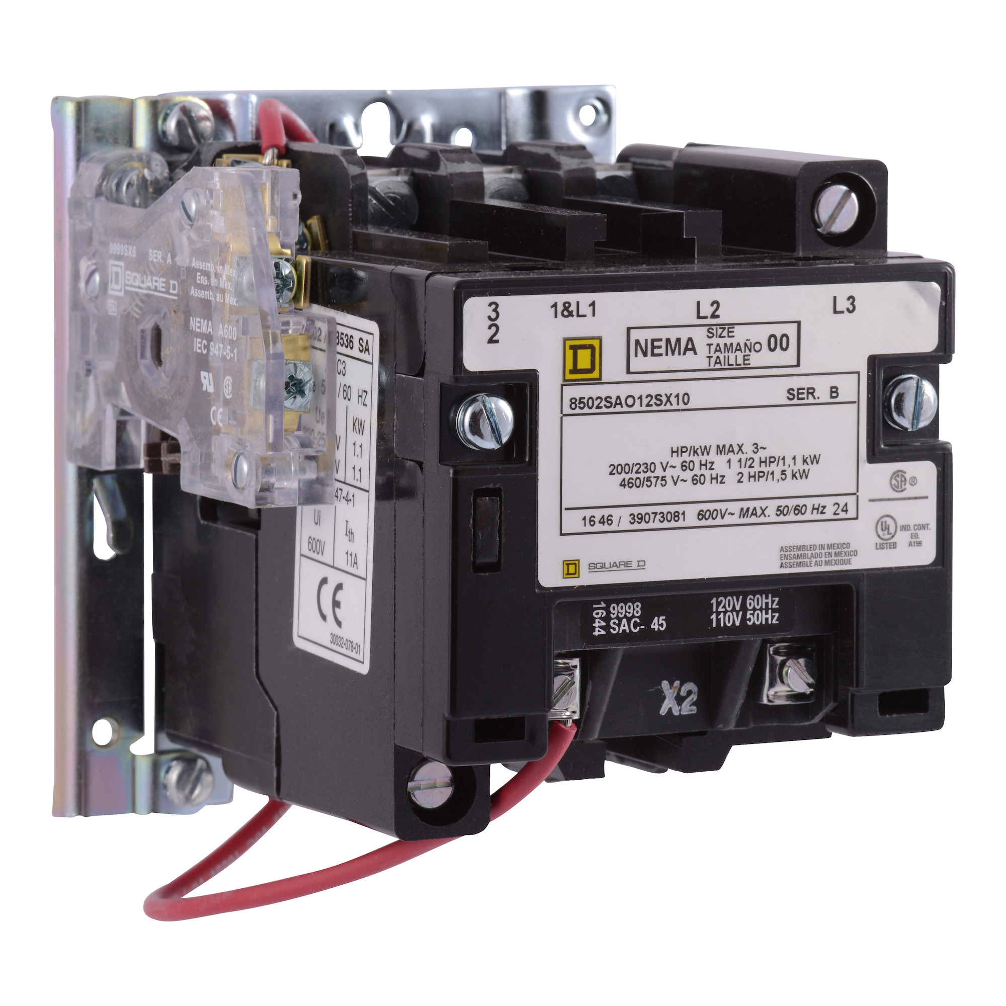 NEMA Contactor, Type S, nonreversing, Size 1, 27A, 10 HP at 575 VAC, 3 phase, up to 100 kA, 3 pole, 120 VAC coil, open