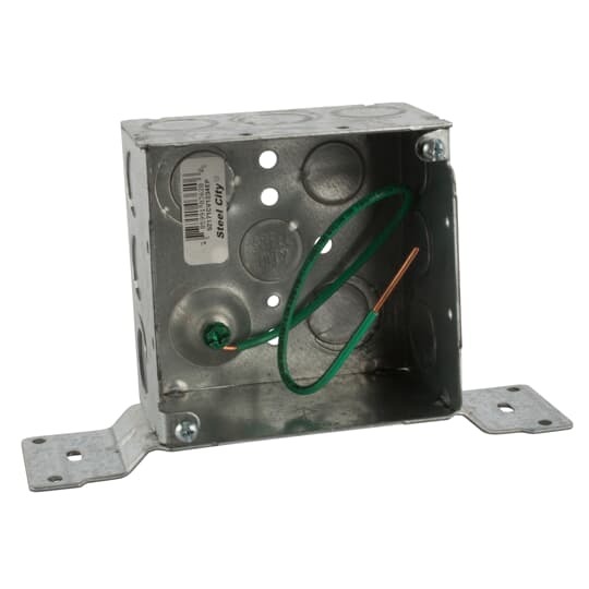 Square Box, 30.3 Cubic Inches, 4 Inch Square x 2-1/8 Inches Deep, 1/2 Inch and 3/4 Inch Eccentric Knockouts, Pre-Galvanized Steel, Welded Construction, with CV Bracket Mounted Flush and 10-1/2 Inch #12 AWG Solid Ground Wire Pigtail, For use with Conduit