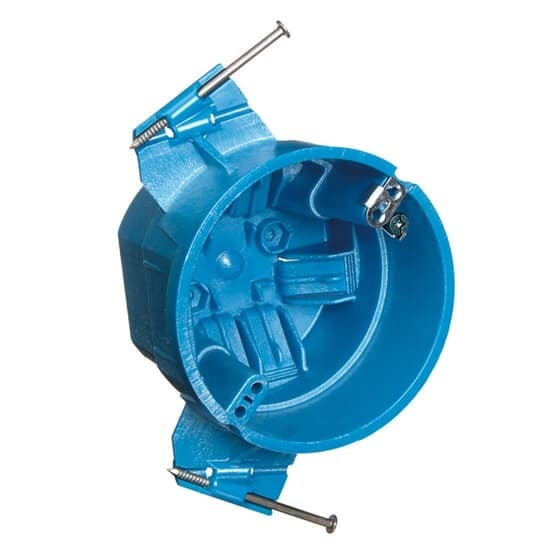 Round Ceiling Box, Volume 25 Cubic Inches, Diameter 4 Inches, Depth 3 Inches, Color Blue, Material Polycarbonate, Mounting Means Nails and Grounding Lug