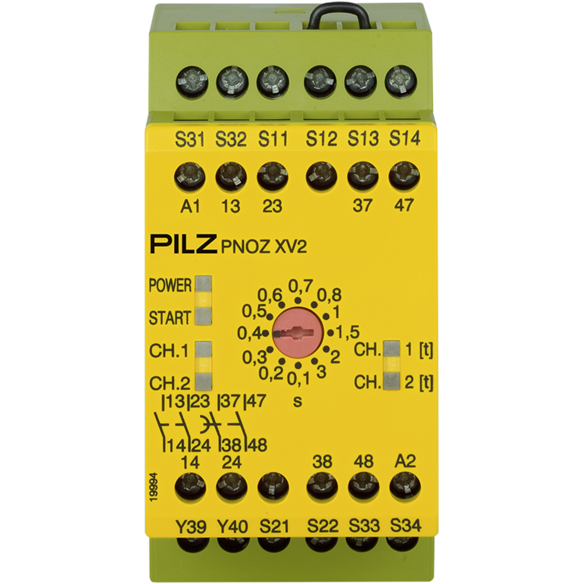 Safety Relay, 1/2-Channel Wiring with/without detection of Shorts Across Contacts, 2 N/O, 2 N/Ot-d, UB = 24 VDC, 45mm, Screw Terminals Integrated, E-STOP Monitoring, Safety Gates, with 2 Delay-on De-Energization Contacts, Delay Time Adjustable