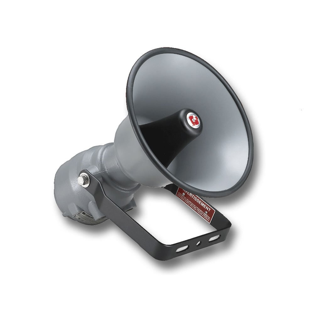 SelecTone Explosion-Proof 15 Watt Amplified Speaker, 120/240VAC - Available in 24VAC/DC and 120/240VAC. Digital signal amplification. Cast copper free aluminum housing, spun aluminum projector. Built-in gain control, adjustable between 0 dBa to 110 dBa at 10 feet (0 dBa to 120 dBa at 1 meter). Fused input and output. Indoor/outdoor use. Type 4X, IP66 enclosure. CSFM Approved. UL and cUL Listed for Class I, Division 1, Groups B, C, and D & Class I, Division 2, Groups A, B, C, and D & Class II, Division 2, Groups F and G & Class III.