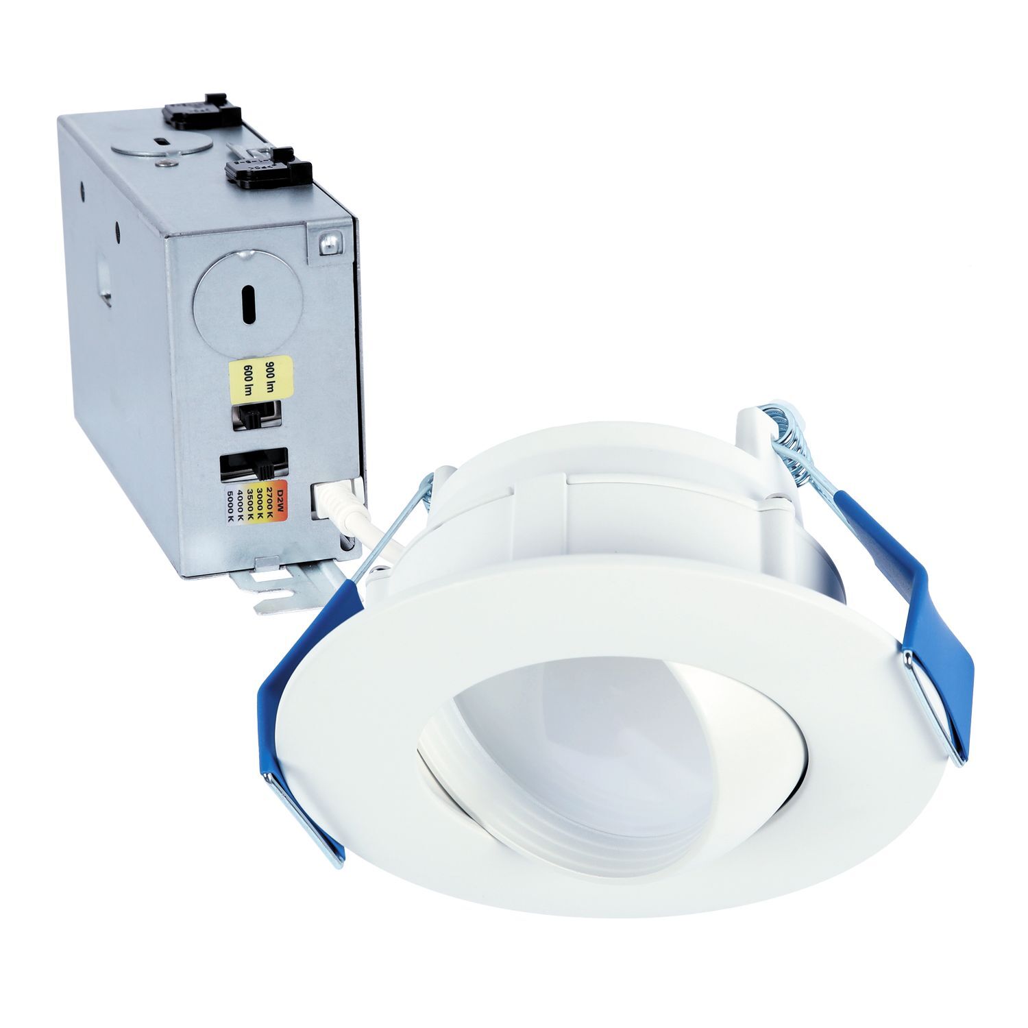 4-inch adjustable canless LED downlight, 600/900 selectable lumens, 6-color selectable CCT plus dim to warm option, 120V 60Hz, LE &TE phase cute 5% dimming, Matte White.
