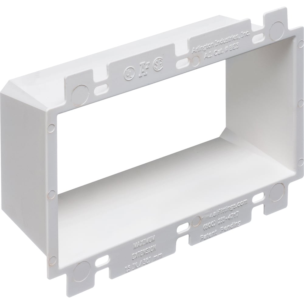 Box Extender, levels and supports the wiring device where the box is set back from the wall surface extends the box up to 1-1/2". 2 hour fire rating. three gang.