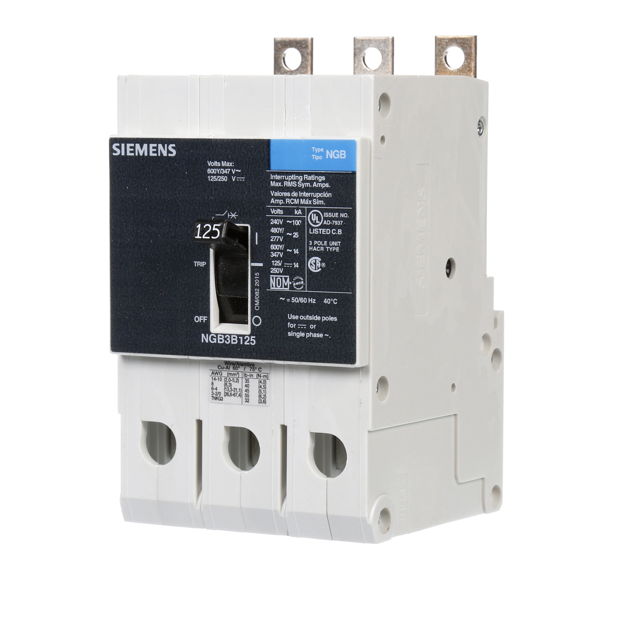  LOW VOLTAGE PANELBOARD MOUNT G FRAME CIRCUIT BREAKER WITH THERMAL - MAGNETIC TRIP. UL LISTED NGB FRAME WITH STANDARD BREAKING CAPACITY. 125A 3-POLE (14KAIC AT 600Y/347V) (25KAIC AT 480Y/277V). SPECIAL FEATURES MOUNTS ON PANELBOARD,LOAD SIDE LUGS ONLY (TC1GG20) WIRE RANGE 8 - 1/0 AWS (CU/AL). DIMENSIONS (W x Hx D) IN 3 x 5.4 x 2.8.