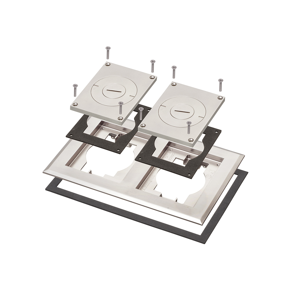 Plated Nickel, two gang frame and cover with furniture feed inserts. Includes two gang frame with gasket, (2) gasketed covers with combo 2" and 3/4" threaded holes and mounting screws.