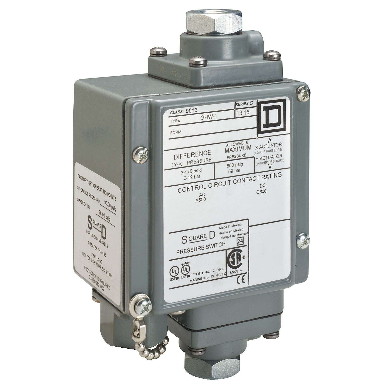 pressure switch 9012G - adjustable scale - 2 thresholds - 0 to 500 psig