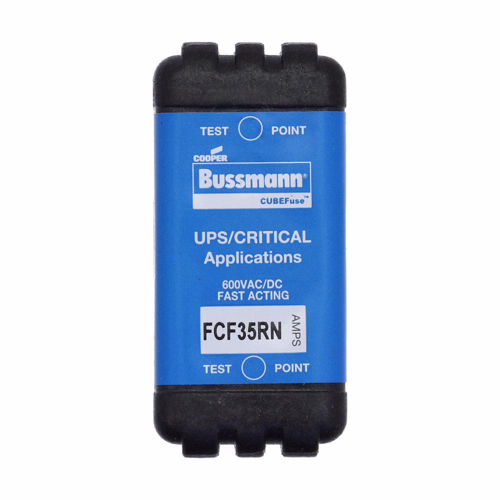 Eaton Bussmann series FCF fuse, 35 A, 60 Hz, 50 Hz, 1 , CF, Black, Non-indicating, Electroless tin plated copper alloy terminal, Blade end,Class CF, 6 min at 200%, 300 kAIC at 600 V,50 kAIC at 600 Vdc, Glass filled PES, 600 V, 600 Vdc
