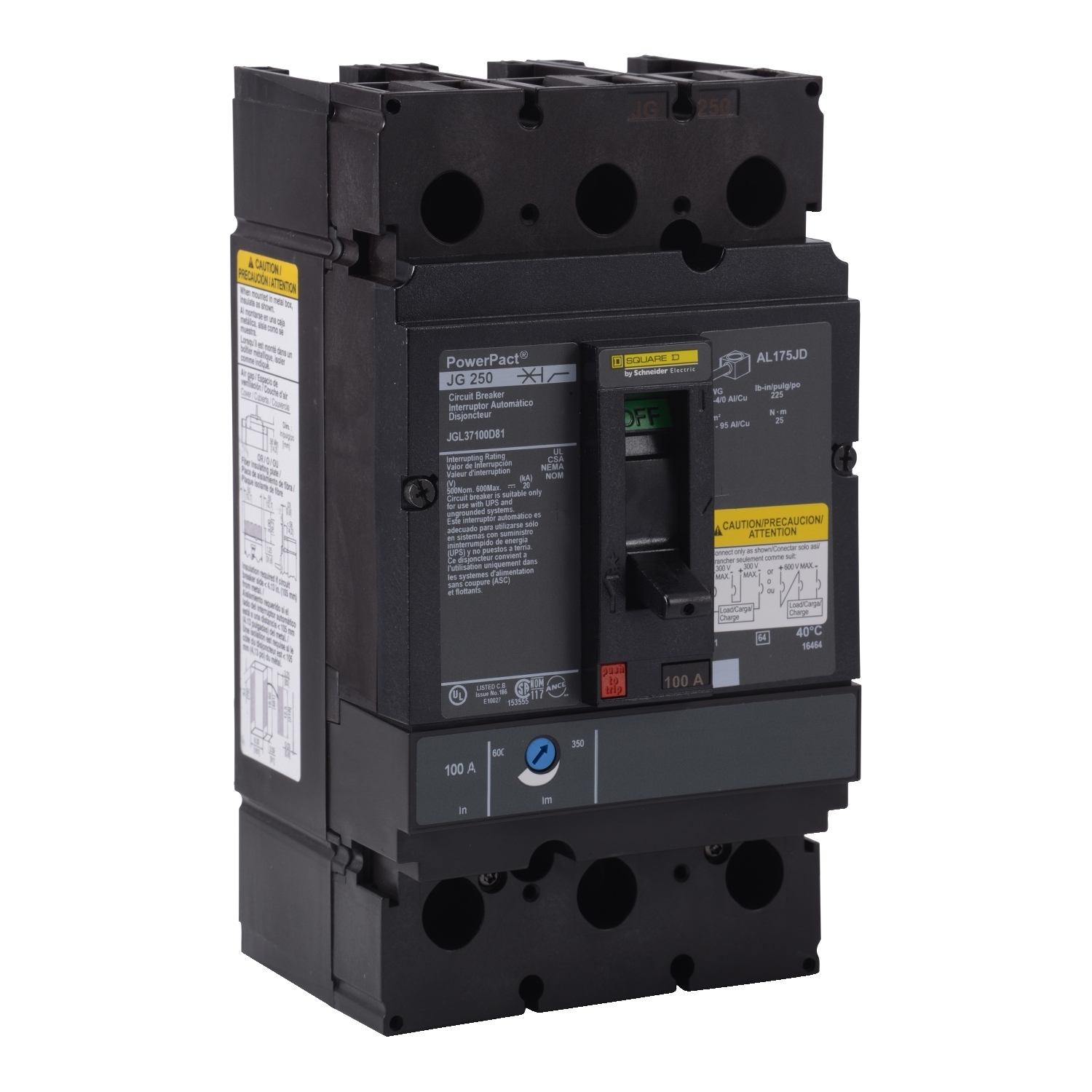 Circuit breaker, PowerPacT J, 150A, 3 pole, 500VDC, 20kA, lugs, thermal magnetic, 80%