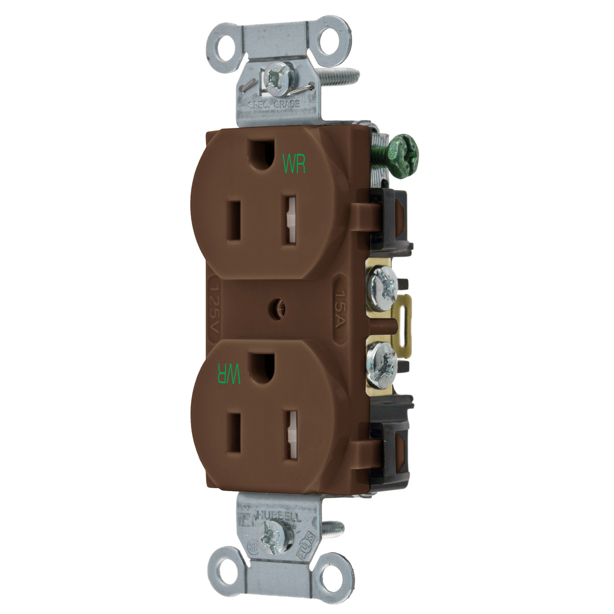 Straight Blade Devices, Receptacles, Tamper and Weather-Resistant Duplex, Commercial/Industrial Grade, 2-Pole 3-Wire Grounding, 15A 125V, 5-15R, Brown, Single Pack.
