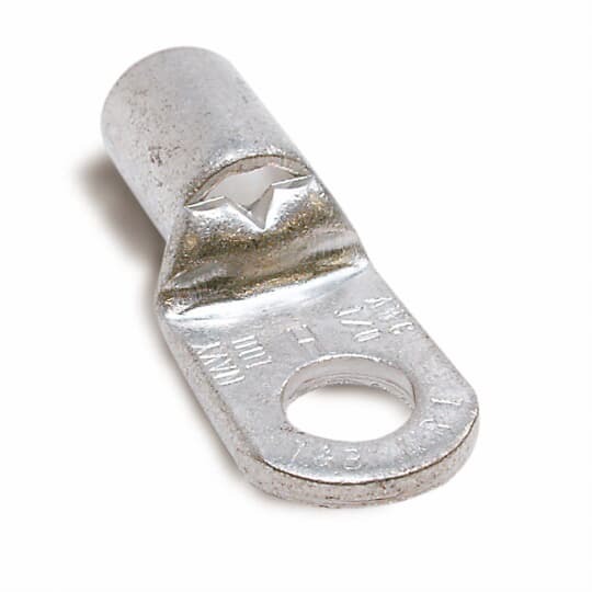 Non-Insulated Tubular Ring Terminal, Length 1.65 Inches, Width .77 Inches, Bolt Hole 1/4 Inch, Wire Range 1AN-1/0, Copper, Tin Plated, 100 Pack